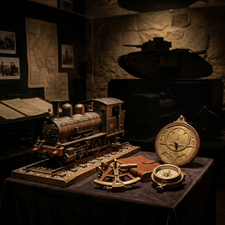 Model steam locomotive beside illuminated globe, sextant, compass, and tank display