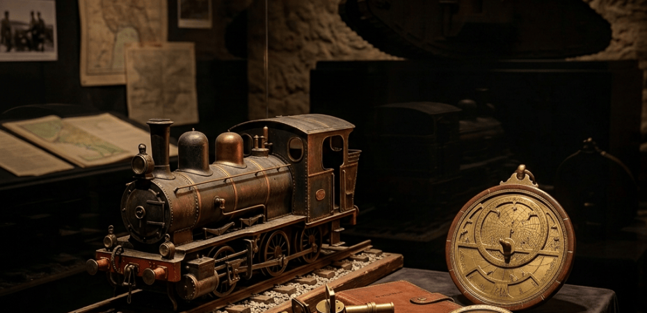 Model steam locomotive beside illuminated globe, sextant, compass, and tank display