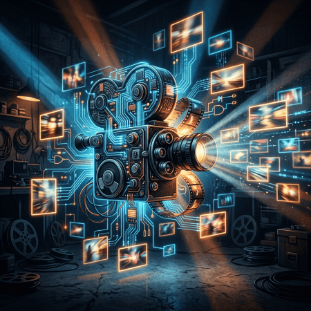 Futuristic film camera surrounded by glowing circuitry and floating video frames