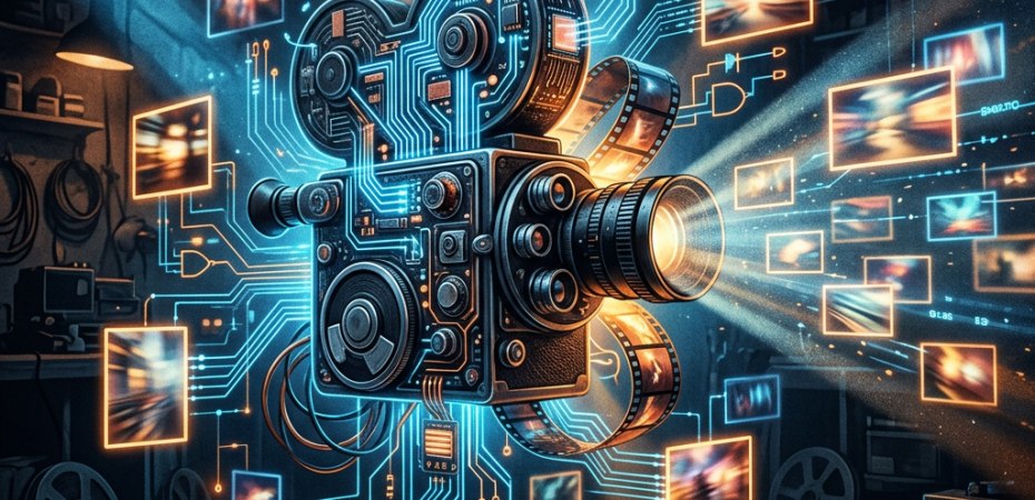 Futuristic film camera surrounded by glowing circuitry and floating video frames