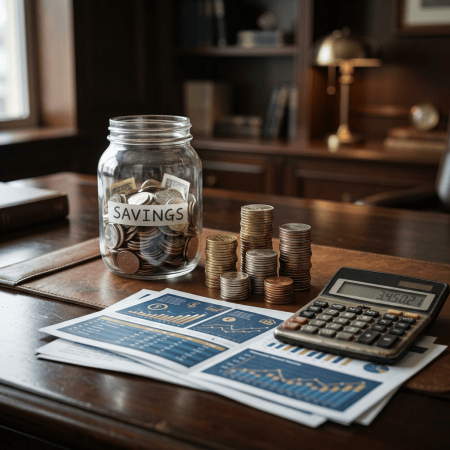 Jar labeled SAVINGS beside stacked coins, financial charts, and calculator