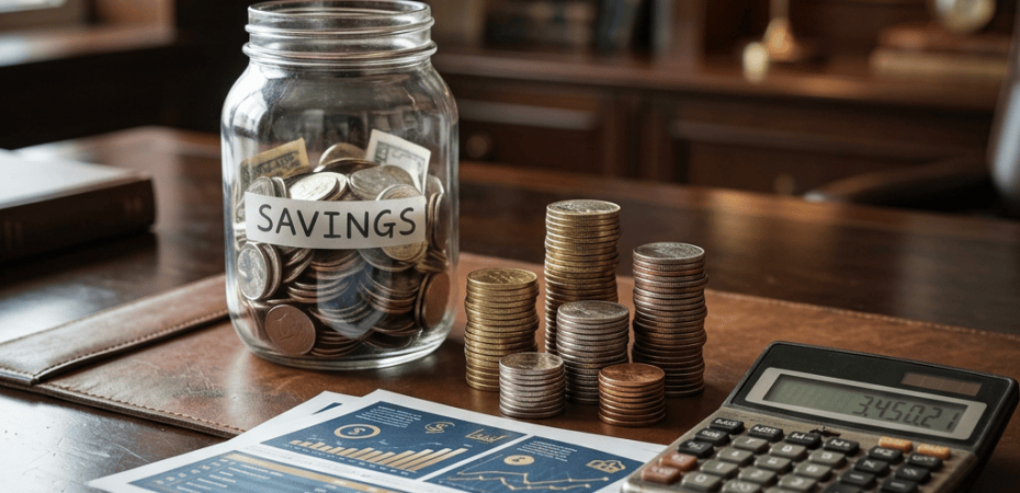 Jar labeled SAVINGS beside stacked coins, financial charts, and calculator