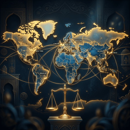 Glowing world map linking major cities above balanced scales of justice