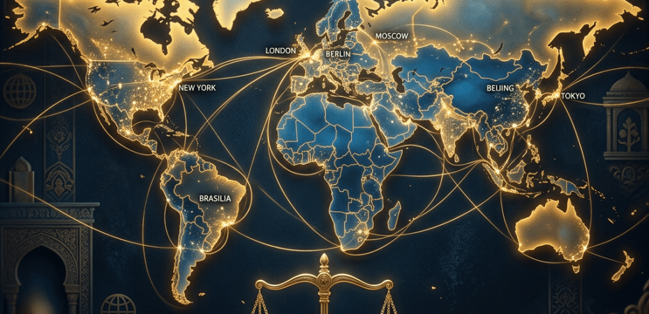 Glowing world map linking major cities above balanced scales of justice