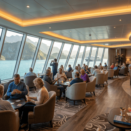 Cruise lounge with passengers, card games, fjord views, and “OCEAN EXPLORER Gastronomic Challenge” sign