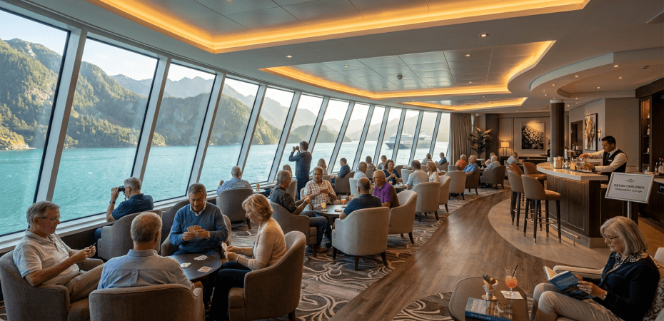 Cruise lounge with passengers, card games, fjord views, and “OCEAN EXPLORER Gastronomic Challenge” sign