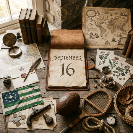 Vintage desk arrangement centered on a calendar reading September 16