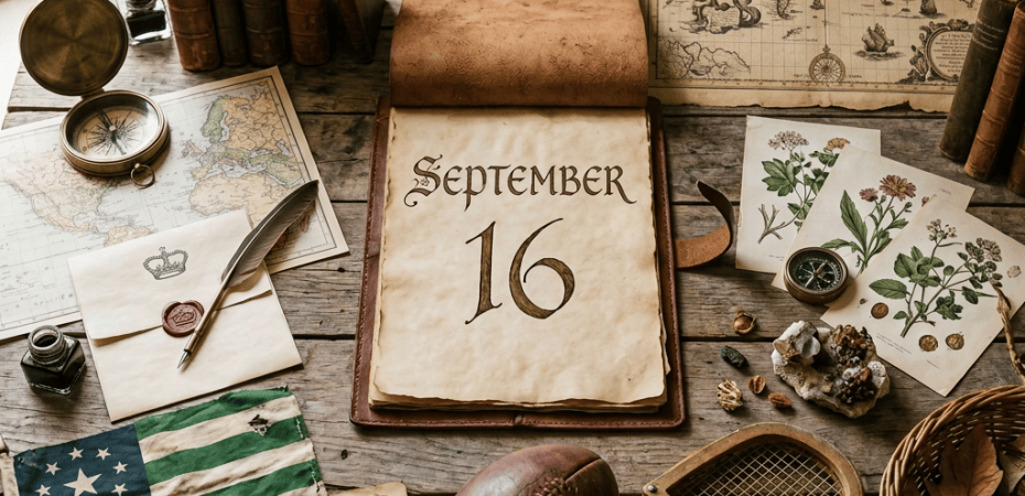 Vintage desk arrangement centered on a calendar reading September 16