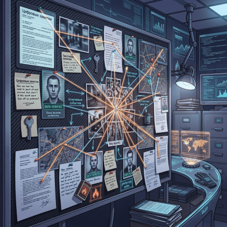 Investigation board connecting photos, maps, notes, and documents with red thread