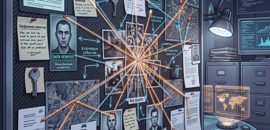 Investigation board connecting photos, maps, notes, and documents with red thread