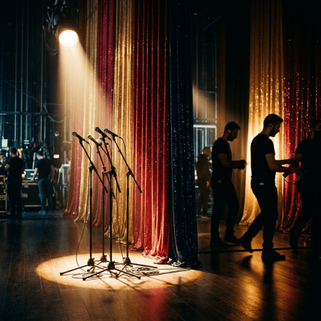 Microphones onstage while crew members prepare behind colorful shimmering curtains
