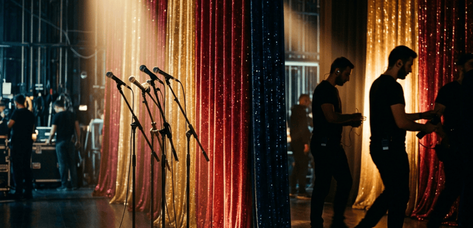Microphones onstage while crew members prepare behind colorful shimmering curtains