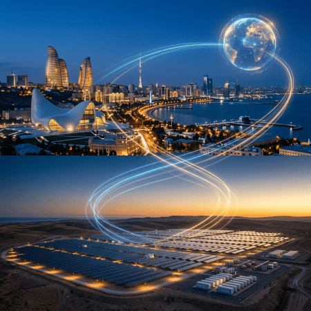 Baku skyline linked by light trails to a desert solar farm