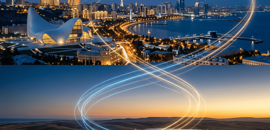 Baku skyline linked by light trails to a desert solar farm