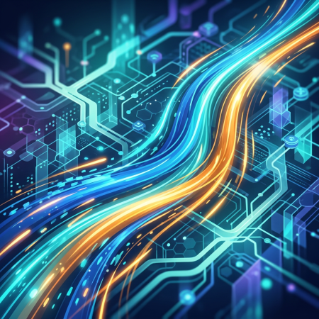 Glowing blue, teal, and orange data streams flowing through a futuristic circuit network