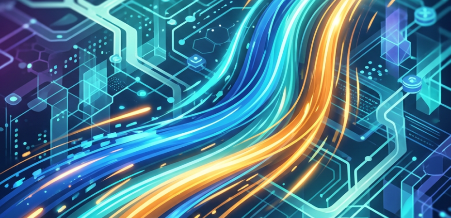 Glowing blue, teal, and orange data streams flowing through a futuristic circuit network