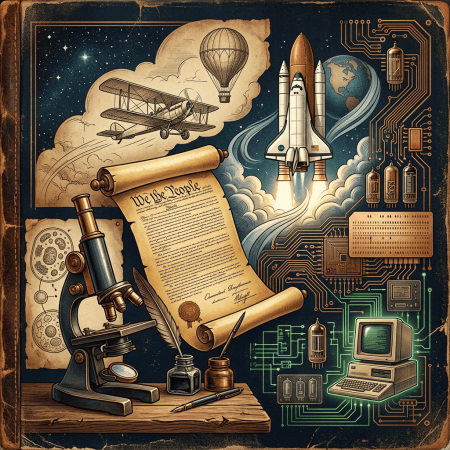 Vintage collage with “We the People,” microscope, airplane, rocket, Earth, circuitry, and computer