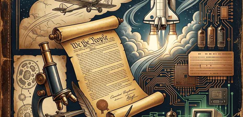 Vintage collage with “We the People,” microscope, airplane, rocket, Earth, circuitry, and computer