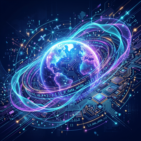 Luminous Earth surrounded by evolving circuitry