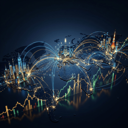 Glowing world map showing global financial connections, skyscrapers, currency symbols, and market charts