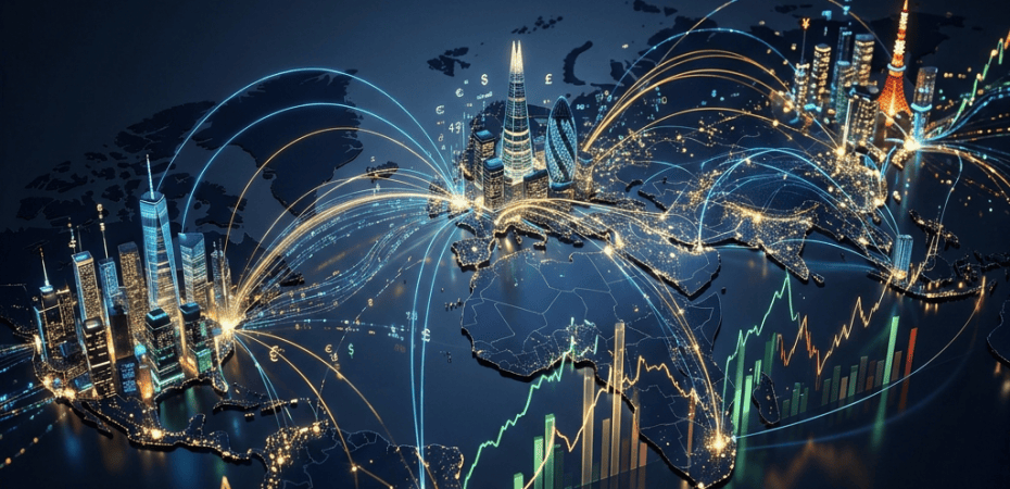 Glowing world map showing global financial connections, skyscrapers, currency symbols, and market charts
