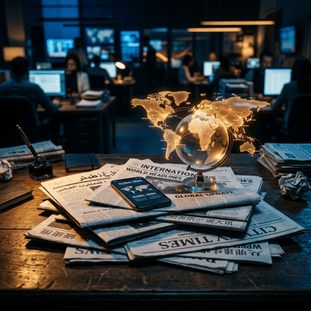 Glowing world globe above multilingual newspapers in a newsroom