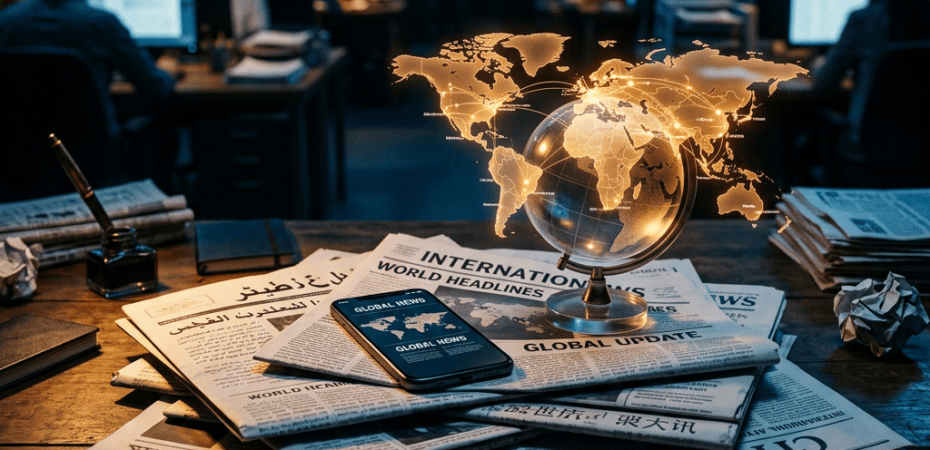 Glowing world globe above multilingual newspapers in a newsroom