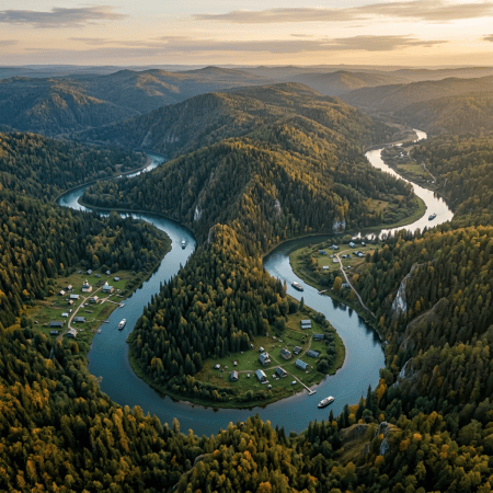 Winding river through forested hills with small riverside settlements