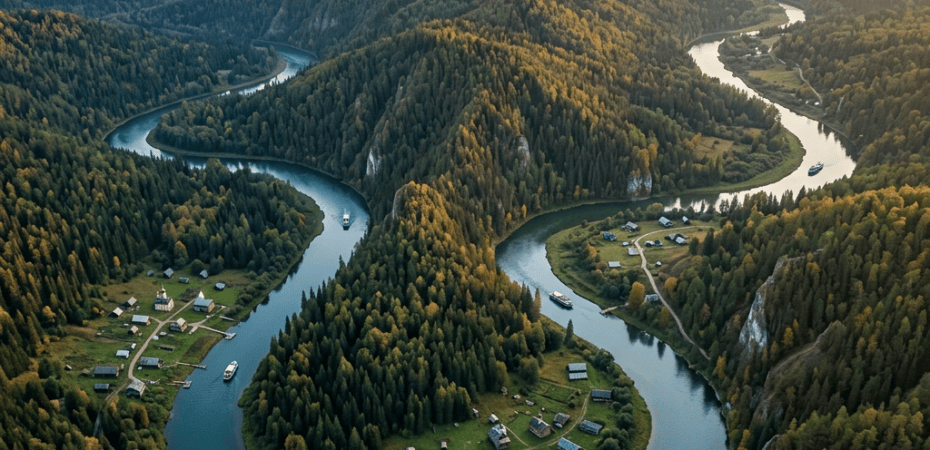 Winding river through forested hills with small riverside settlements
