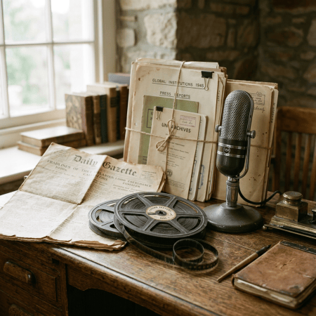 Daily Gazette, Global Institutions 1945, Press Reports, and UN Archives beside vintage microphone