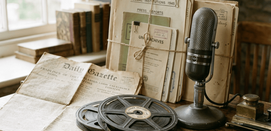 Daily Gazette, Global Institutions 1945, Press Reports, and UN Archives beside vintage microphone