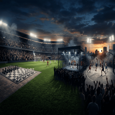 Stadium featuring soccer, boxing, basketball, and outdoor chess matches