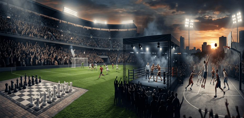 Stadium featuring soccer, boxing, basketball, and outdoor chess matches