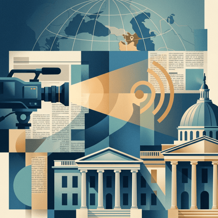 Stylized collage of a globe, camera, newspaper, sound waves, and government buildings