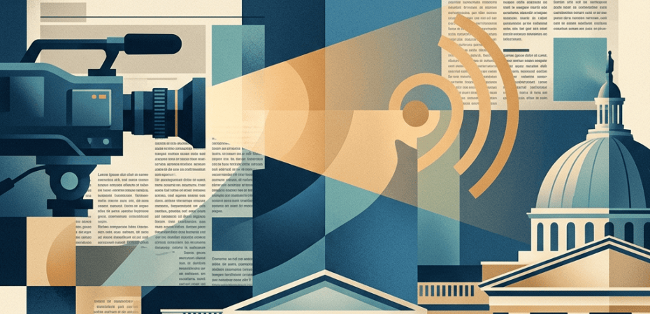 Stylized collage of a globe, camera, newspaper, sound waves, and government buildings