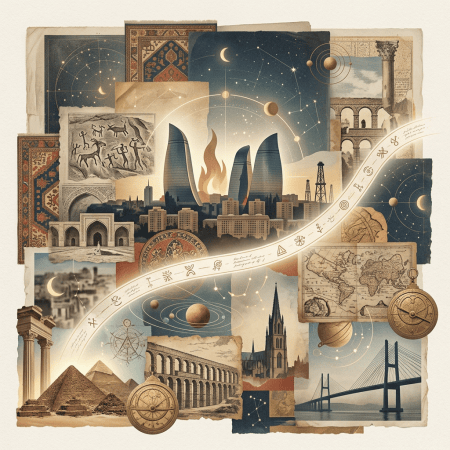 Collage of ancient landmarks, modern city towers, star charts, planets, maps, and bridges