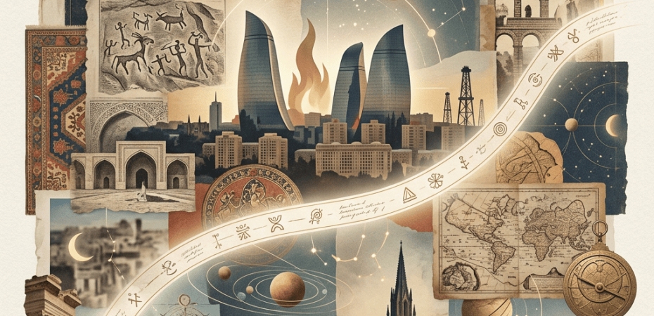 Collage of ancient landmarks, modern city towers, star charts, planets, maps, and bridges