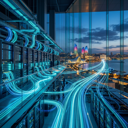 Modern data center with glowing blue data streams overlooking a waterfront city
