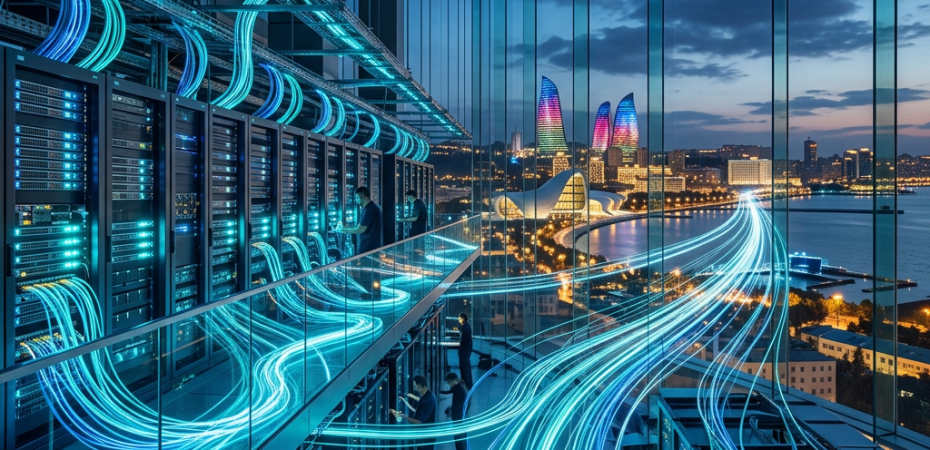 Modern data center with glowing blue data streams overlooking a waterfront city
