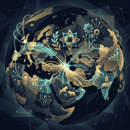 Stylized globe with connected technology, sustainability, finance, and cooperation symbols