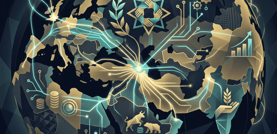 Stylized globe with connected technology, sustainability, finance, and cooperation symbols