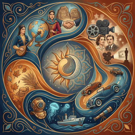 Ornate illustration linking music, history, cinema, nature, travel, and exploration