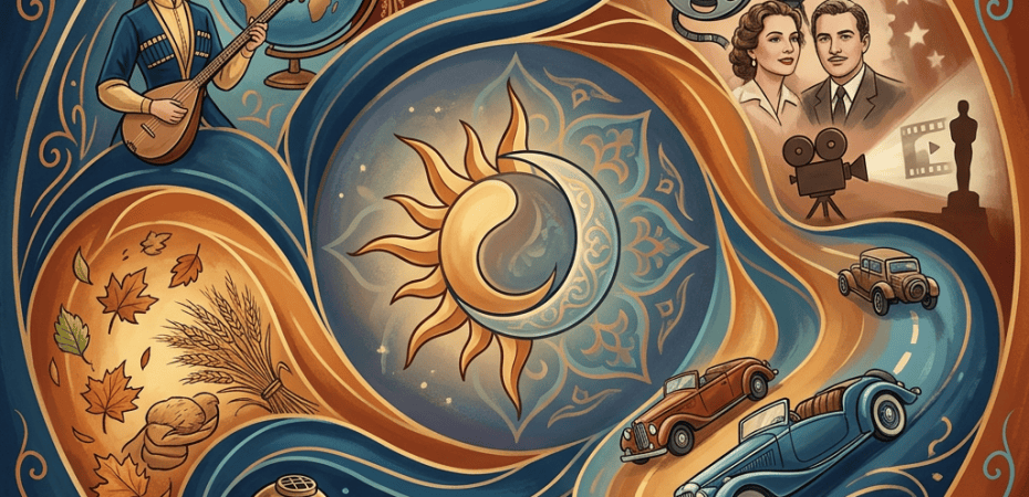 Ornate illustration linking music, history, cinema, nature, travel, and exploration