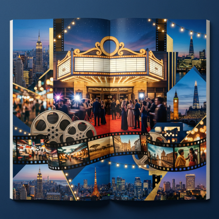 Travel collage featuring theaters, city skylines, film reels, and landmarks