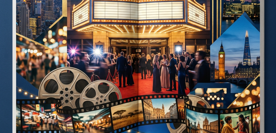 Travel collage featuring theaters, city skylines, film reels, and landmarks