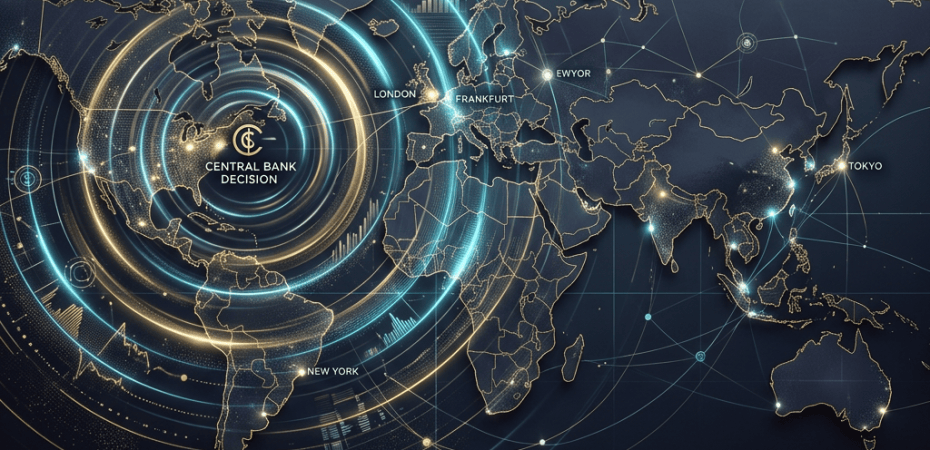 World map showing central bank interest rate transmission across global financial centers