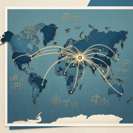 Stylized world map with glowing global trade routes and economic symbols