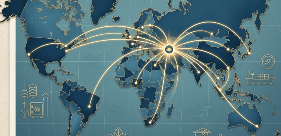 Stylized world map with glowing global trade routes and economic symbols