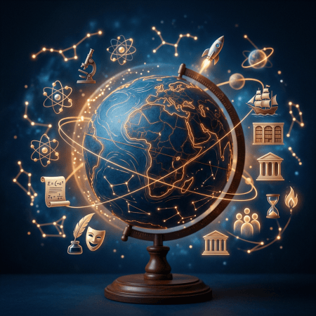 Glowing globe surrounded by symbols of science, history, culture, and exploration