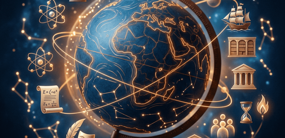 Glowing globe surrounded by symbols of science, history, culture, and exploration